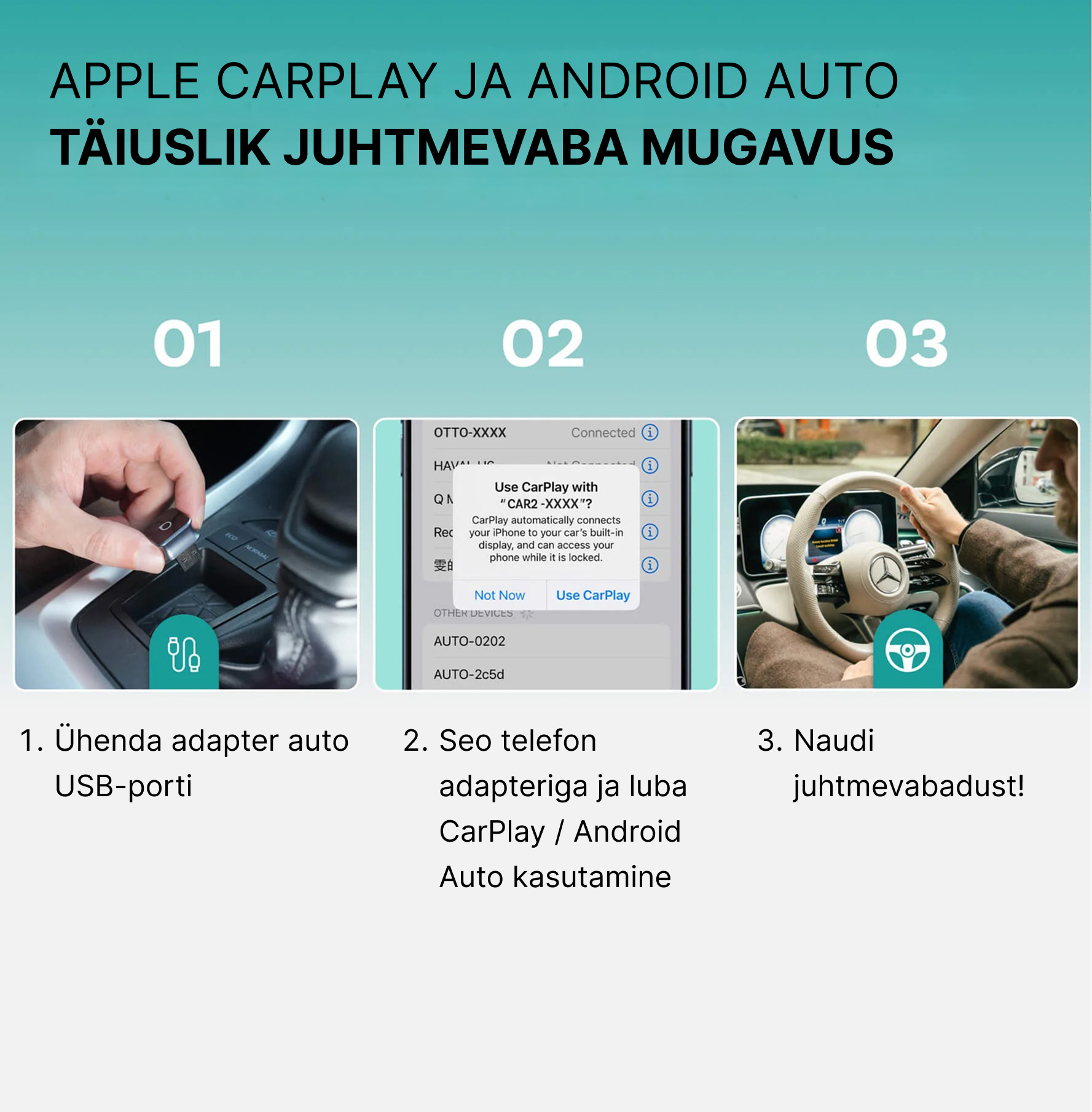 Apple CarPlay and Android Auto. Perfect wireless freedom. 1. Plug the adapter into your car's USB port. 2. Pair your phone to your device and enable CarPlay / Android Auto 3. Enjoy wireless freedom!