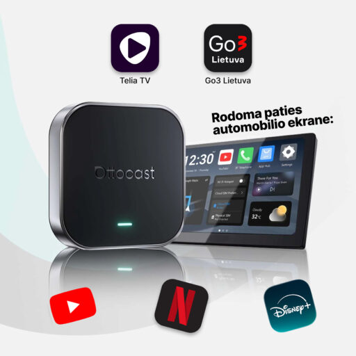 OttoAibox E2 CarPlay AI Box daugialypės terpės centras, vaizdo grotuvas + belaidis CarPlay ir Android Auto