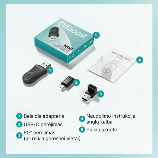 Ottocast Mini 2.0 Flow belaidis CarPlay / Android Auto adapteris