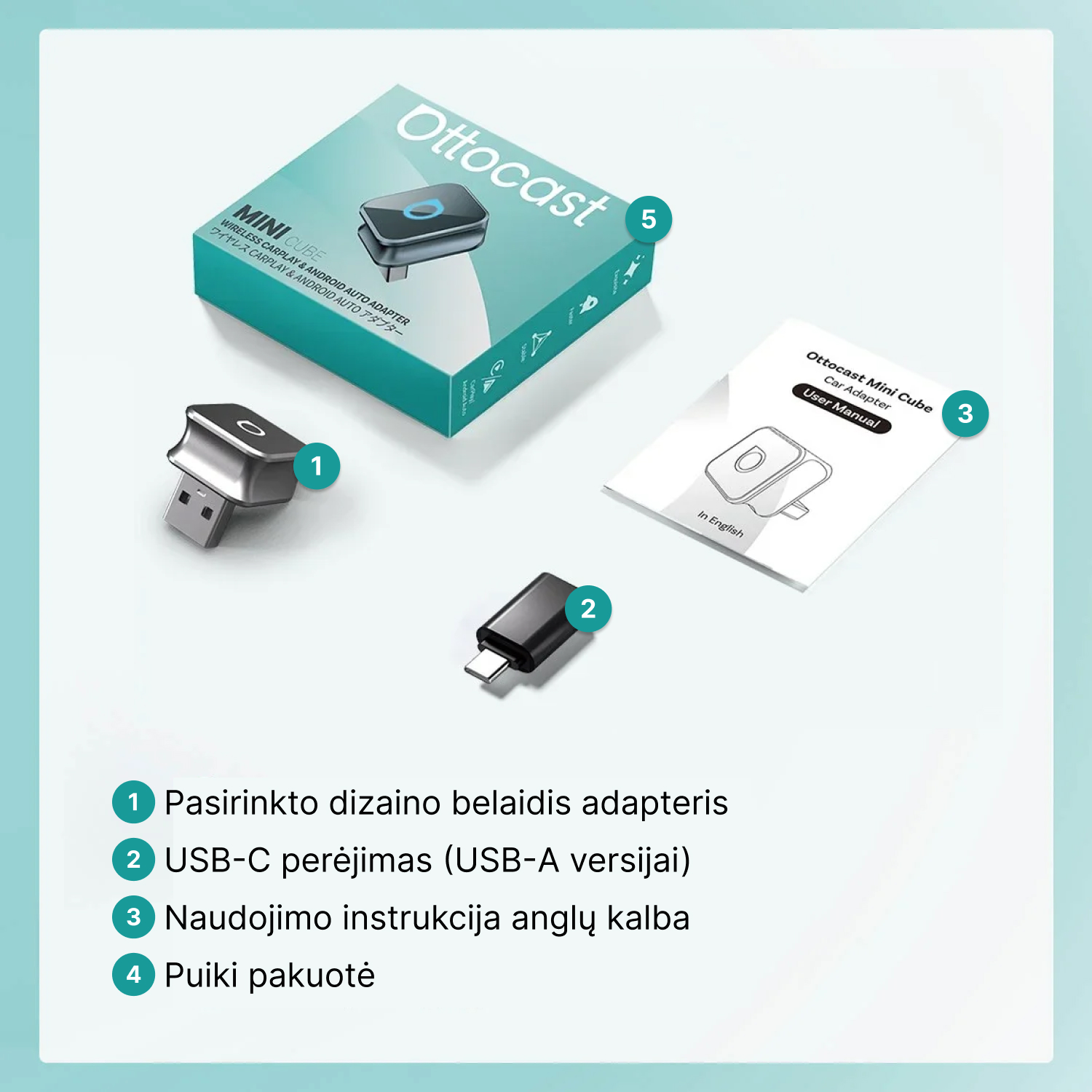 1. Pasirinkto dizaino belaidis adapteris
2. USB-C perėjimas (USB-A versijai)
3. Naudojimo instrukcija anglų kalba
4. Puiki pakuotė