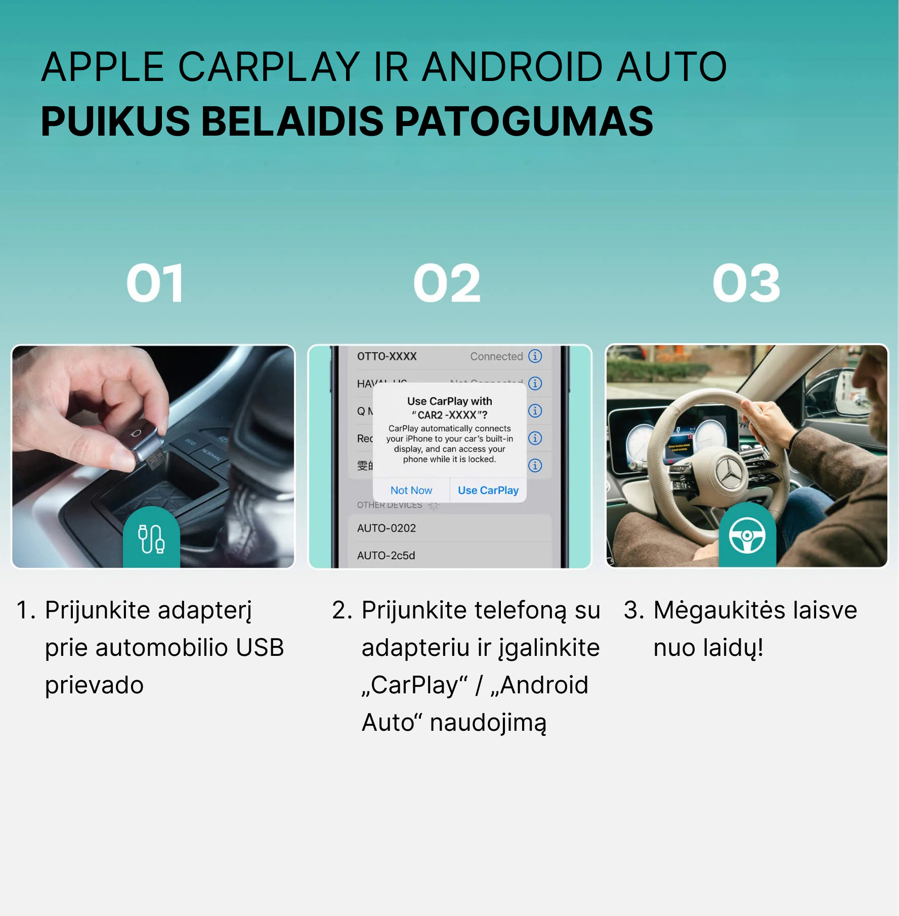 Ottocast Mini Cube 3.0 belaidis CarPlay / Android Auto adapteris - Image 4