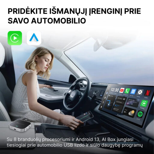 OttoAibox E2 CarPlay AI Box multimedijos centras, vaizdo grotuvas + belaidis CarPlay ir Android Auto - Image 2