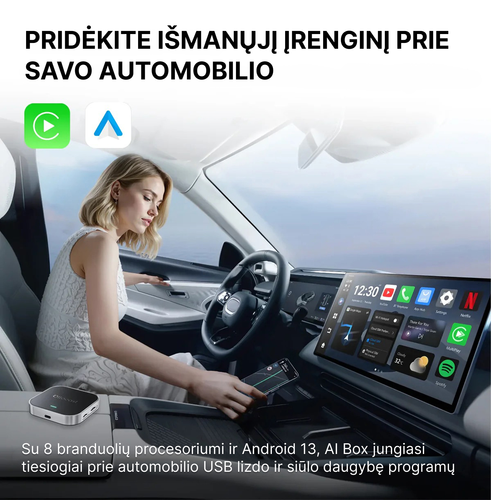 OttoAibox E2 CarPlay AI Box multimedijos centras, vaizdo grotuvas + belaidis CarPlay ir Android Auto - Image 2