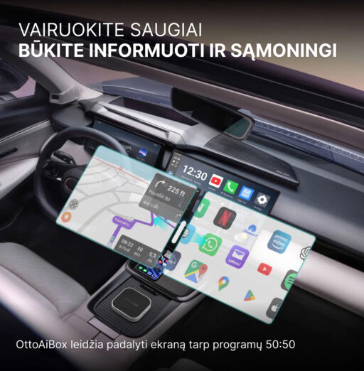 OttoAibox E2 CarPlay AI Box multimedijos centras, vaizdo grotuvas + belaidis CarPlay ir Android Auto