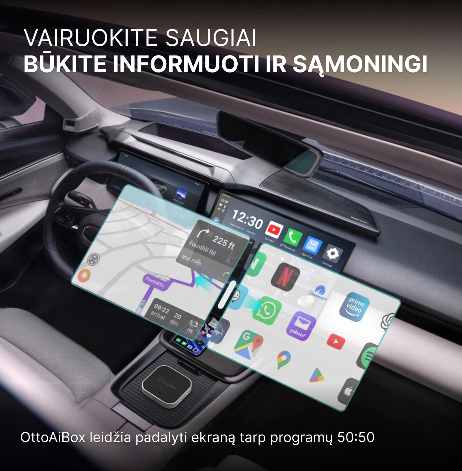 OttoAibox E2 CarPlay AI Box multimedijos centras, vaizdo grotuvas + belaidis CarPlay ir Android Auto - Image 3