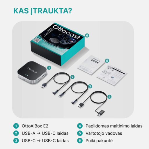 OttoAibox E2 CarPlay AI Box multimedijos centras, vaizdo grotuvas + belaidis CarPlay ir Android Auto - Image 10