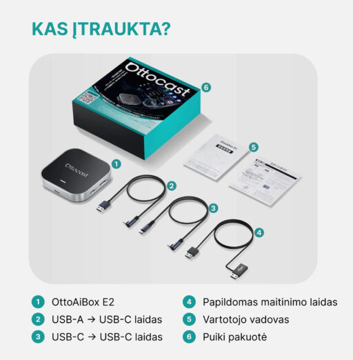 OttoAibox E2 CarPlay AI Box multimedijos centras, vaizdo grotuvas + belaidis CarPlay ir Android Auto