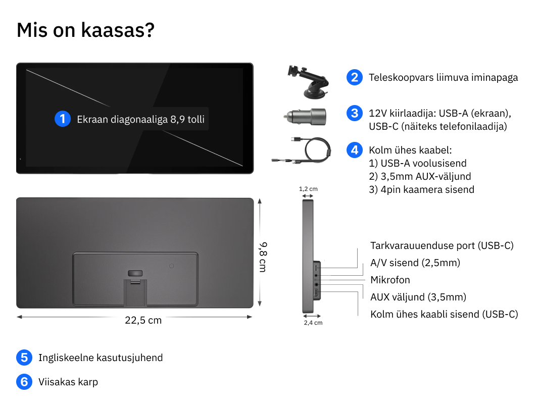 Mis on kaasas? 1. Ekraan diagonaaliga 10,3 tolli; 2) Teleskoopvars liimuva iminapaga, 3) 12V kiirlaadija: USB-A (ekraan), USB-C (näiteks telefonilaadija), 4) Kolm ühes kaabel 1) USB-A voolusisend, 2) 3,5mm AUX-väljund, 3) 4pin kaamera sisend; 5) Ingliskeelne kasutusjuhend; 6) Viisakas karp. Seadme tagaküljel olevad pordid: Tarkvarauuenduse port (USB-C), A/V sisend (2,5mm), Mikrofon, AUX väljund (3,5mm), Kolm ühes kaabli sisend (USB-C). Seadme mõõtmed: Ekraani diagonaal 8,9 tolli. Ekraani alumise ääre pikkus 22,5cm, ekraani lühema külje pikkus (kõrgus) 9,8cm.