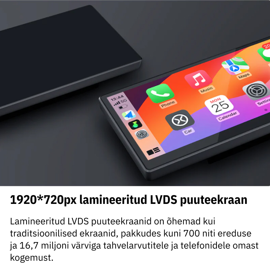 1920*720px lamineeritud LVDS puuteekraan Lamineeritud LVDS puuteekraanid on õhemad kui traditsioonilised ekraanid, pakkudes kuni 700 niti ereduse ja 16,7 miljoni värviga tahvelarvutitele ja telefonidele omast kogemust.
