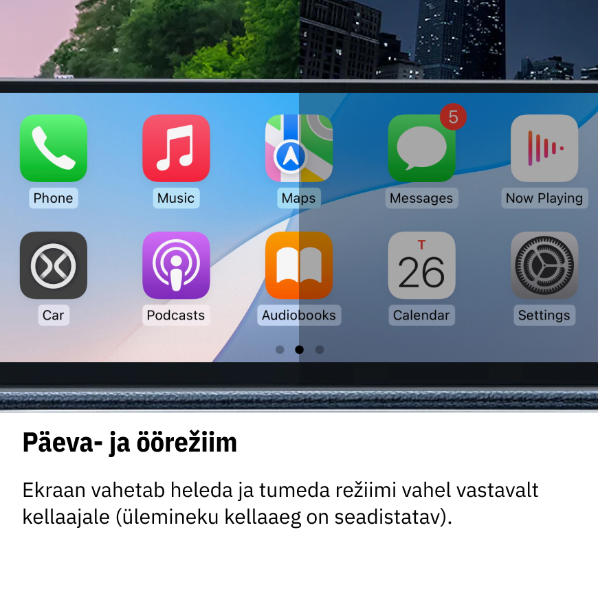 Päeva- ja öörežiim Ekraan vahetab heleda ja tumeda režiimi vahel vastavalt kellaajale (ülemineku kellaaeg on seadistatav).