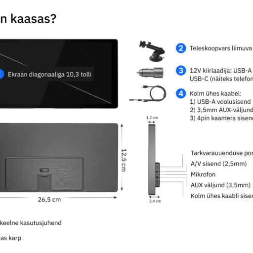Mis on kaasas? 1. Ekraan diagonaaliga 10,3 tolli; 2) Teleskoopvars liimuva iminapaga, 3) 12V kiirlaadija: USB-A (ekraan), USB-C (näiteks telefonilaadija), 4) Kolm ühes kaabel 1) USB-A voolusisend, 2) 3,5mm AUX-väljund, 3) 4pin kaamera sisend; 5) Ingliskeelne kasutusjuhend; 6) Viisakas karp.
Seadme tagaküljel olevad pordid: Tarkvarauuenduse port (USB-C), A/V sisend (2,5mm), Mikrofon, AUX väljund (3,5mm), Kolm ühes kaabli sisend (USB-C).
Seadme mõõtmed: Ekraani diagonaal 10,3 tolli. Ekraani alumise ääre pikkus 26,5cm, ekraani lühema külje pikkus (kõrgus) 12,5cm.