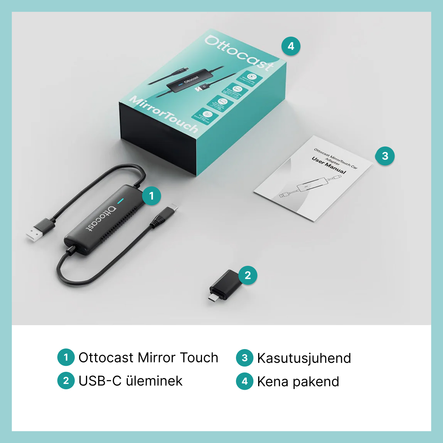 Pakendi sisu: 1) Ottocast Mirror Touch, 2) USB-C üleminek, 3) Kasutusjuhend, 4) Kena pakend.