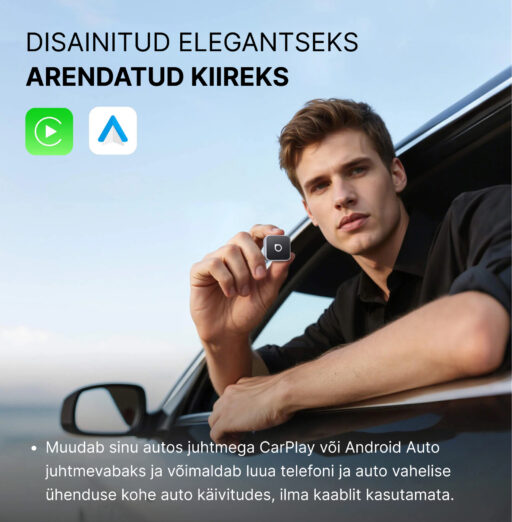 Disainitud elegantseks, arendatud kiireks. Muudab sinu autos juhtmega CarPlay või Android Auto juhtmevabaks ja võimaldab luua telefoni ja auto vahelise ühenduse kohe auto käivitudes, ilma kaablit ühendamata.
