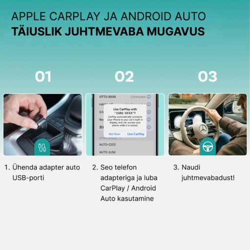 Apple CarPlay ja Android Auto. Täiuslik juhtmevaba mugavus. 1. Ühenda adapter auto USB-porti. 2. Seo telefon seadmega ja luba CarPlay / Android Auto kasutamine 3. Naudi juhtmevabadust!