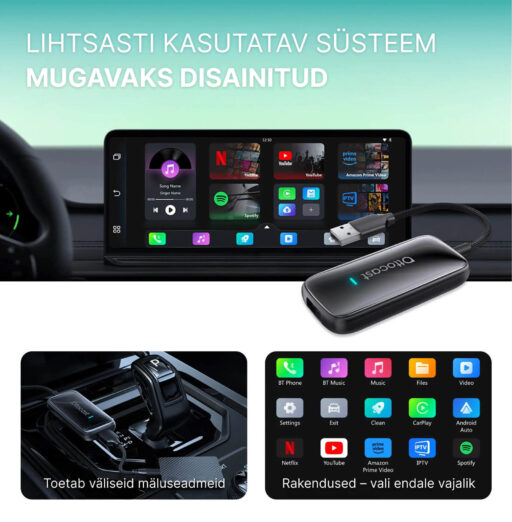 Suurel pildil kujutatakse seadme kasutajaliidest autoekraanil. Lihtsasti kasutatav süsteem, mugavaks disainitud. Tekstid: Lihtsasti kasutatav süsteem. Mugavaks disainitud. Toetab väliseid mäluseadmeid. Rakendused - vali endale vajalik.