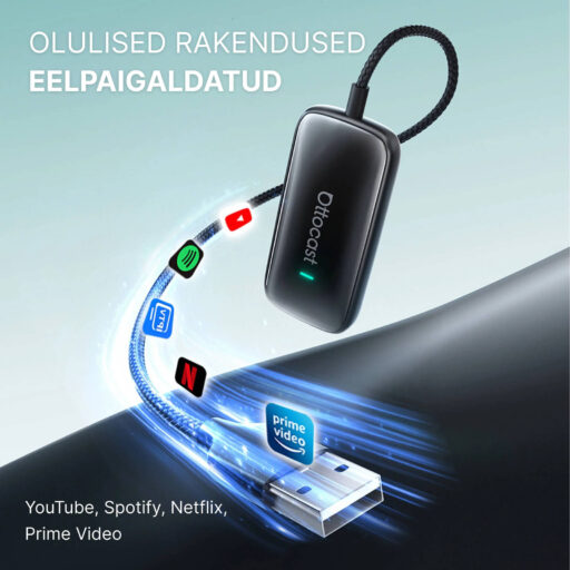 Olulised rakendused eelpaigaldatud: YouTube, Spotify, Netflix, Prime Video.